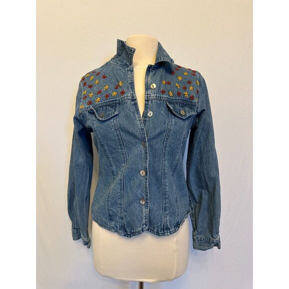Vintage Denim Jacket with Embroidered Flowers Size Medium - Picture 6 of 10